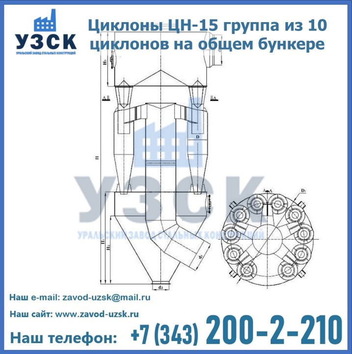 Циклоны ЦН-15 группа из 10 циклонов на общем бункере в Шымкенте