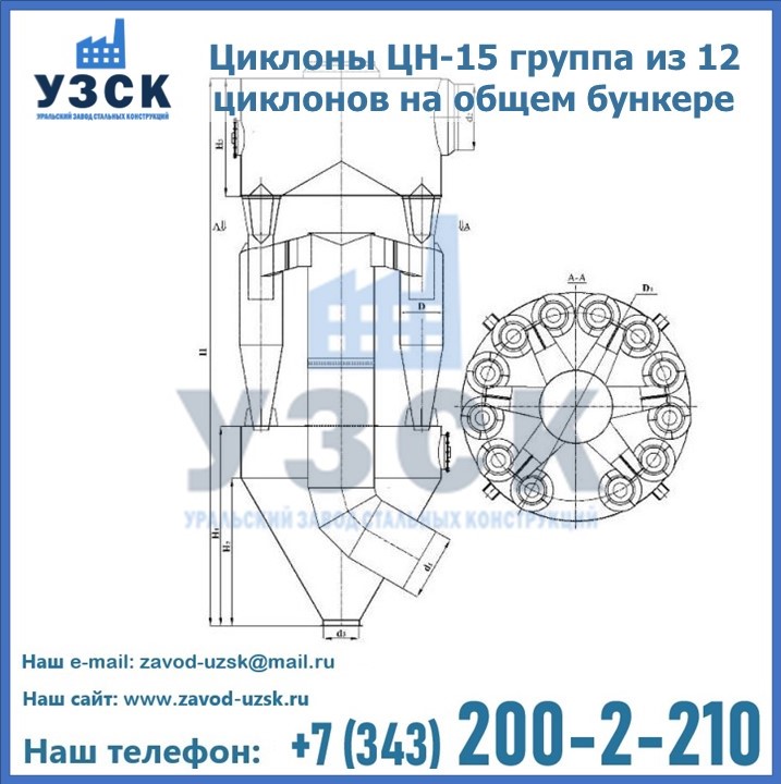 Циклоны ЦН-15 группа из 12 циклонов на общем бункере в Шымкенте