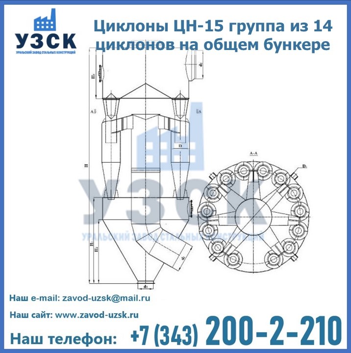 Циклоны ЦН-15 группа из 14 циклонов на общем бункере в Шымкенте